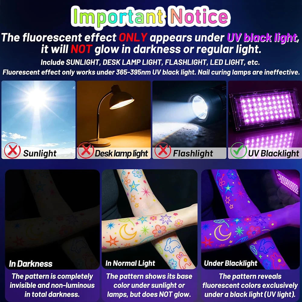 8 Glow in the Dark Body Paint UV Neon Face Paint Pens with 93 Tattoo Stencil Designs for Halloween Carnival Christmas Festival