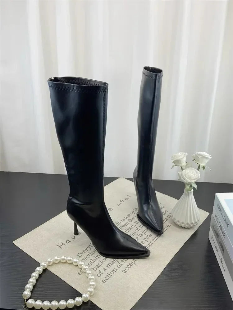 2025 New Women's High Heels Pointed Knee-length Female Boots Comfortable Stiletto Heel Soft Leather Women Shoes Zapatos De Mujer