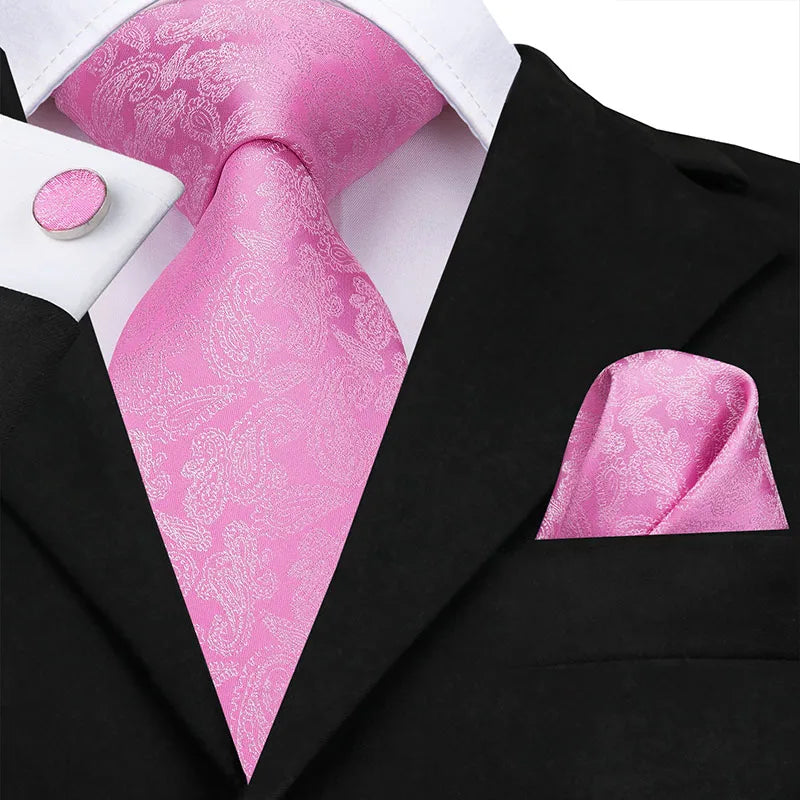 Hi-Tie Silk Men Tie Peach Pink Floral Wedding Necktie for Men Luxury Necktie Handkerchief Cufflink Fashion Design Business