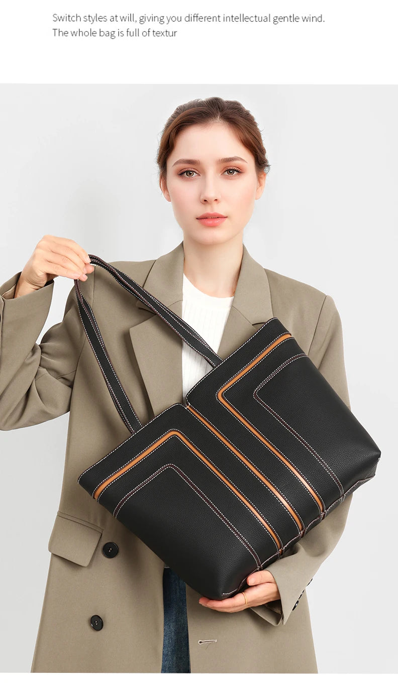 Genuine Leather Shoulder Bag, Niche Design, Popular Online Bag, Large Capacity Commuter Tote Bag, Versatile for Daily Outings