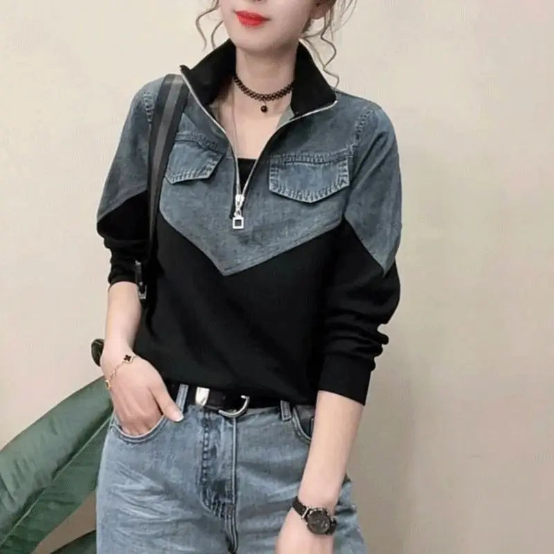 Women's Spring New Casual Half Zipper Denim Splicing Korean Version Loose Everything Shirt Contrast Color Stand Collar T-Shirts