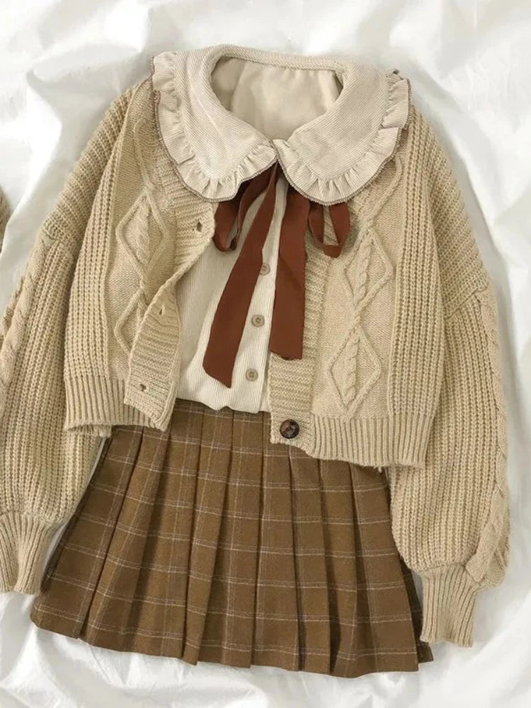Vintage Preppy Suit Girl Knitted Vest Cardigan Doll Collar Long-sleeved Shirt Pleated Plaid Skirt single piece Spring Autumn