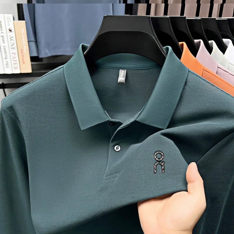 100% pure cotton polo shirt long sleeved men's brand fashionable embossed T-shirt sports breathable spring autumn casual new top