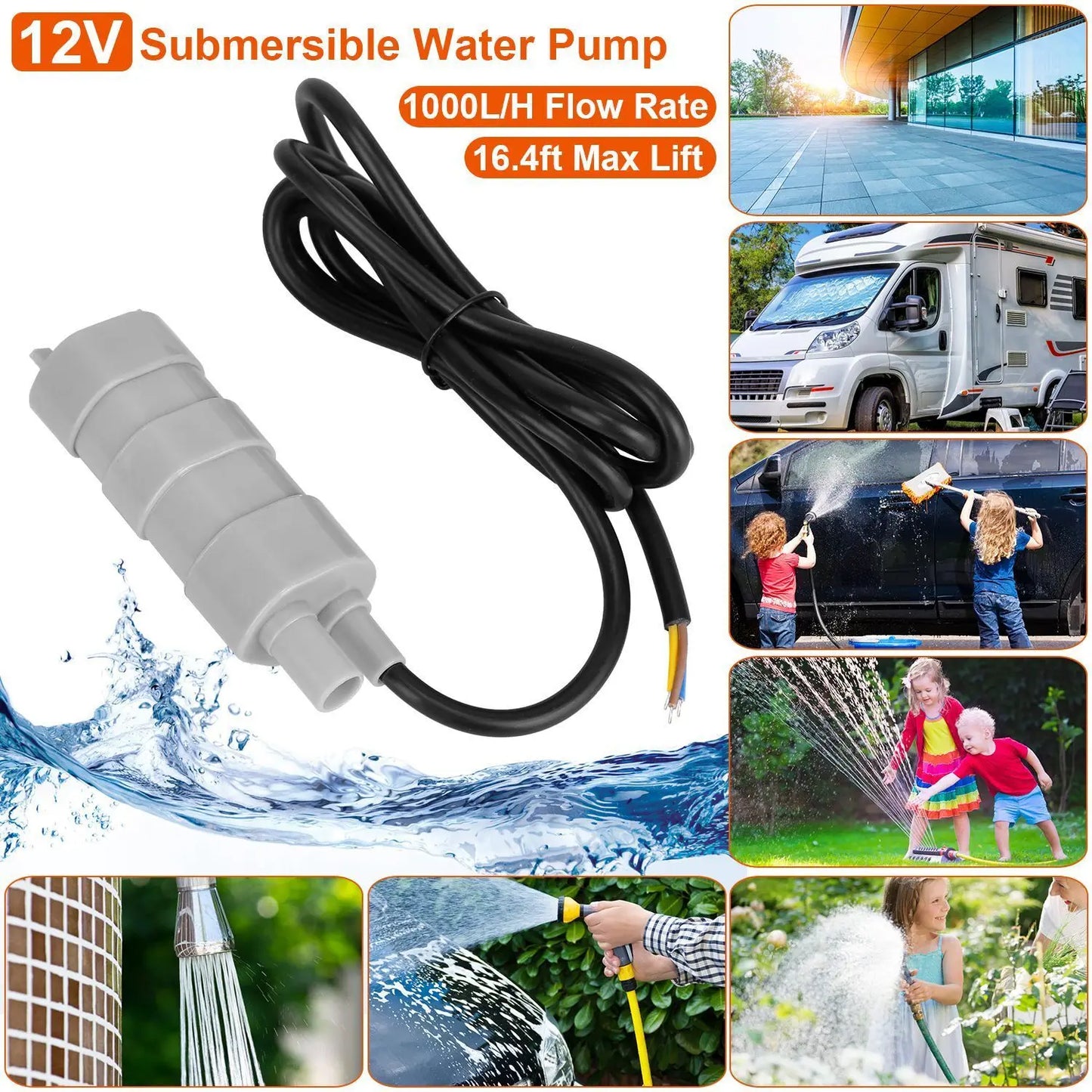 12V DC Submersible Water Pump 1000L/H High Flow 3-Wire for RV, Pond, Aquarium