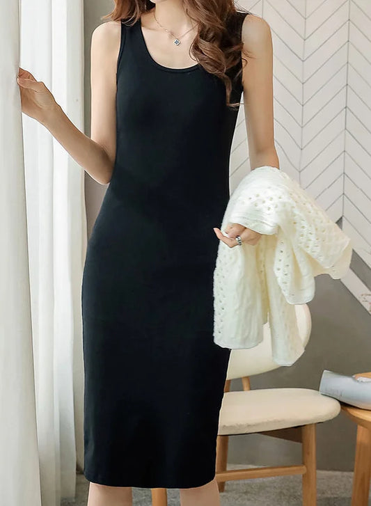 Summer Tank Top Style Dress Women Simple All-match Solid Color Package Hip Slim Sleeveless Dresses Commuting Style Midi Vestidos