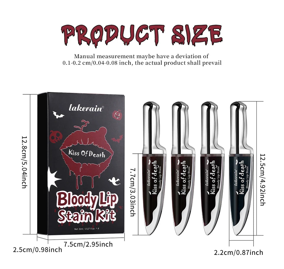 Lakerain 4pcs Kiss of Death Lip Stain Kit  Blood-stained Lip Look Long Water Proof Matte  DEVILS KISS WITCH'S CURSE Gothic Makeu