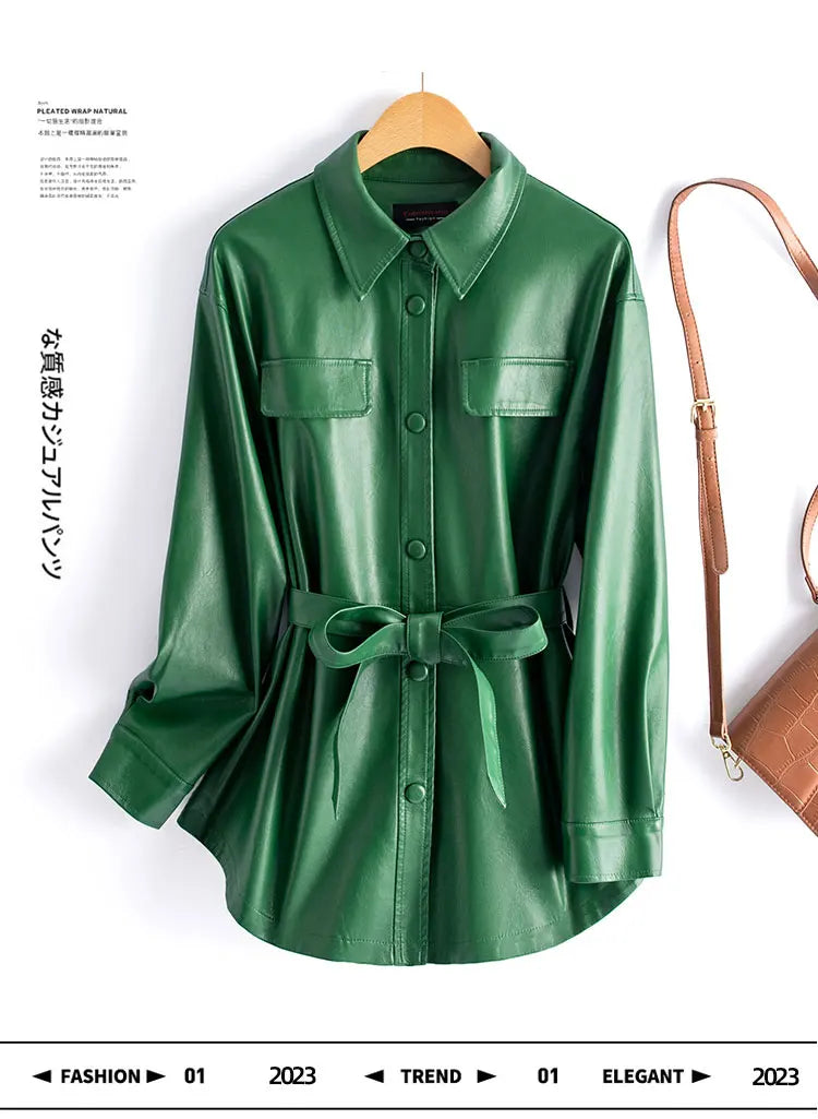 Sheepskin Leather Jacket Women Fashion Irregular Turn-down Collar Lace-up Belt Chic Office Ladies Real Split Leather Jacket Coat