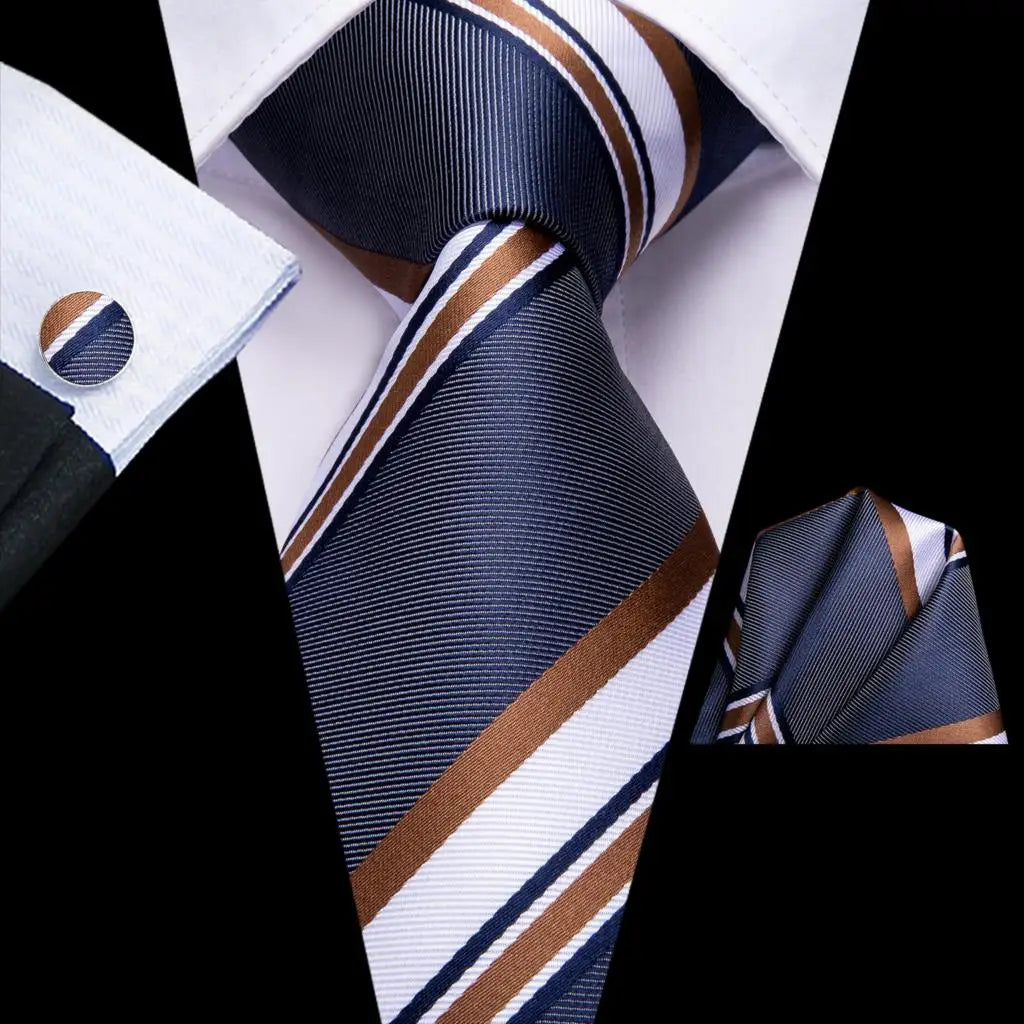 Grey White Striped 2023 New Elegant Men Tie Hanky Cufflink Silk Necktie For Men Wedding Party Business Fashion Brand Hi-Tie