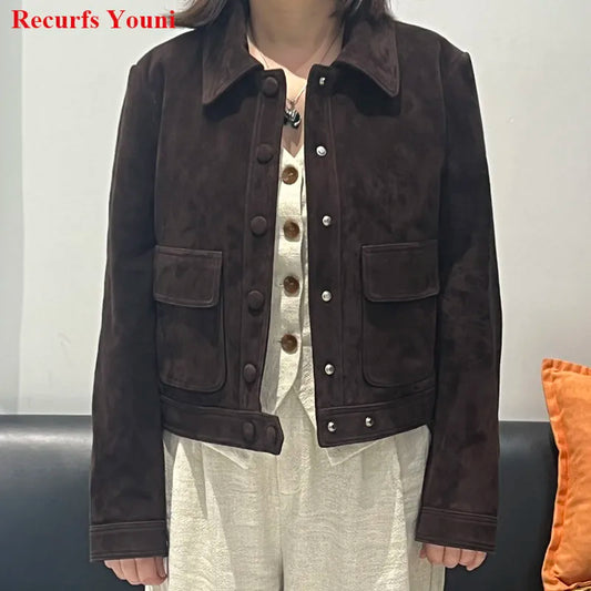 Winter Woman Clothing Old Money Style Retro Chocolate Brown Kid Suede Genuine Leather Jacket Streetwear Collar Slim Short Coat