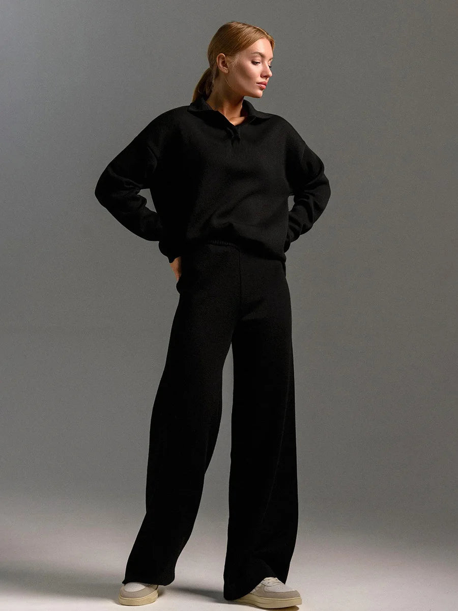 Sumuyoo Winter Thick Women Knitted Suits Cashmere Soft 2 Pieces Sets Female Polo Neck Sweater & Wide Leg Pants Knitted Outfit
