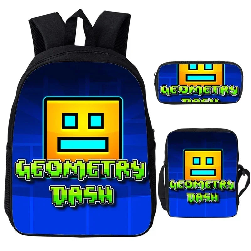 Large Capacity Bookbag 3pcs Set Boys Girls School Bags Angry Geometry Dash Cartoon Print Children Backpack Back To School Gifts