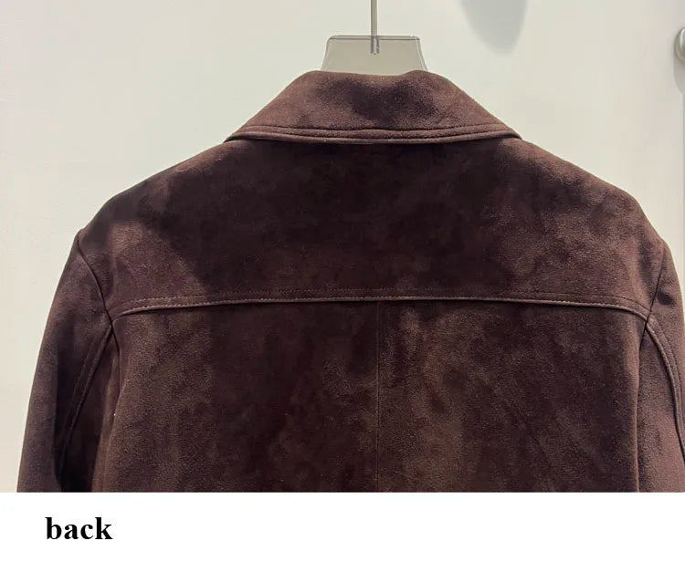 Winter Woman Clothing Old Money Style Retro Chocolate Brown Kid Suede Genuine Leather Jacket Streetwear Collar Slim Short Coat