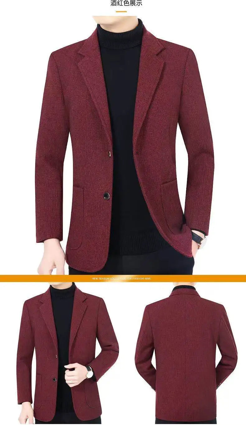 Men's woolen suit spring and autumn jacket is fashionable, cool and versatile. It is a solid-color checkered flat lapel short to