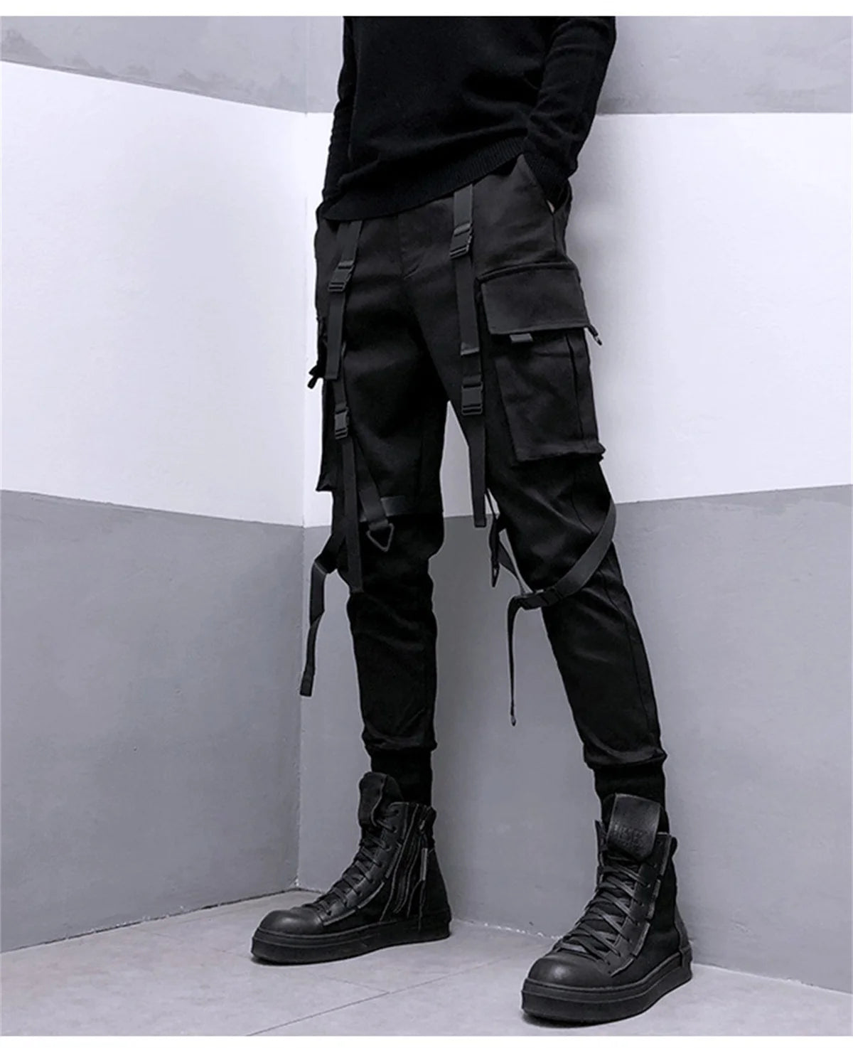 Black Cargo Pants Hip Hop Joggers Men Loose Harem Pants Multi-pocket Ribbon Men's Pants Trousers Streetwear Sport Pants for Men