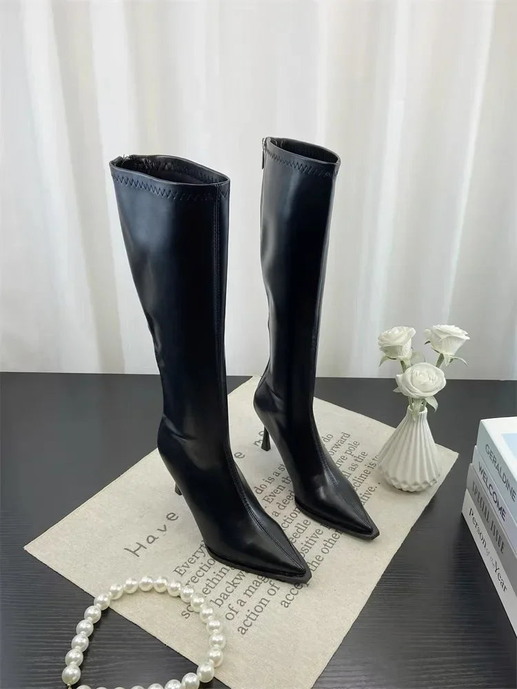 2025 New Women's High Heels Pointed Knee-length Female Boots Comfortable Stiletto Heel Soft Leather Women Shoes Zapatos De Mujer