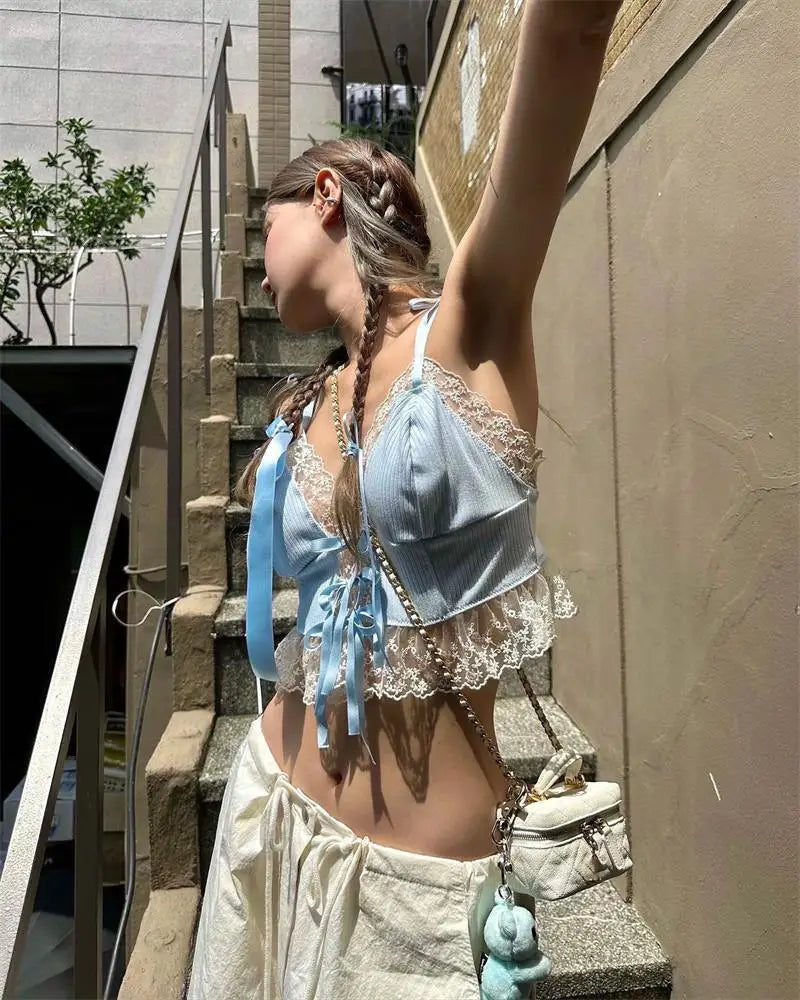 Women Summer Lace Trim Tops Blue Ribbed Bow Tie Backless Spaghetti Strap Crop Top Cute Sweet Girl Sleeveless suspenders 2025 New