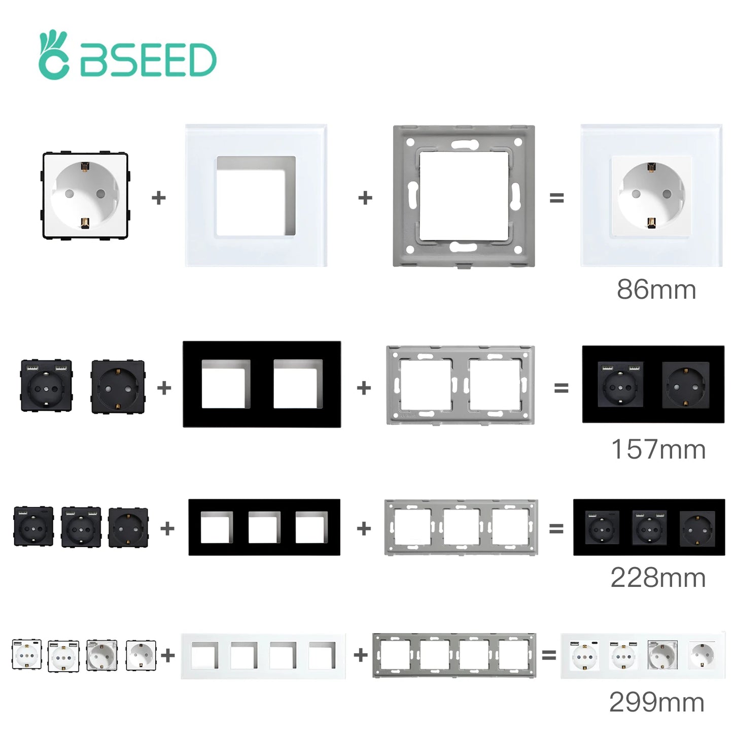 BSEED Glass Frame Panel Single Double Frames Wall Socket Part Triple Four Frames DIY Part with Metal Frames USB TYPE-C Socket