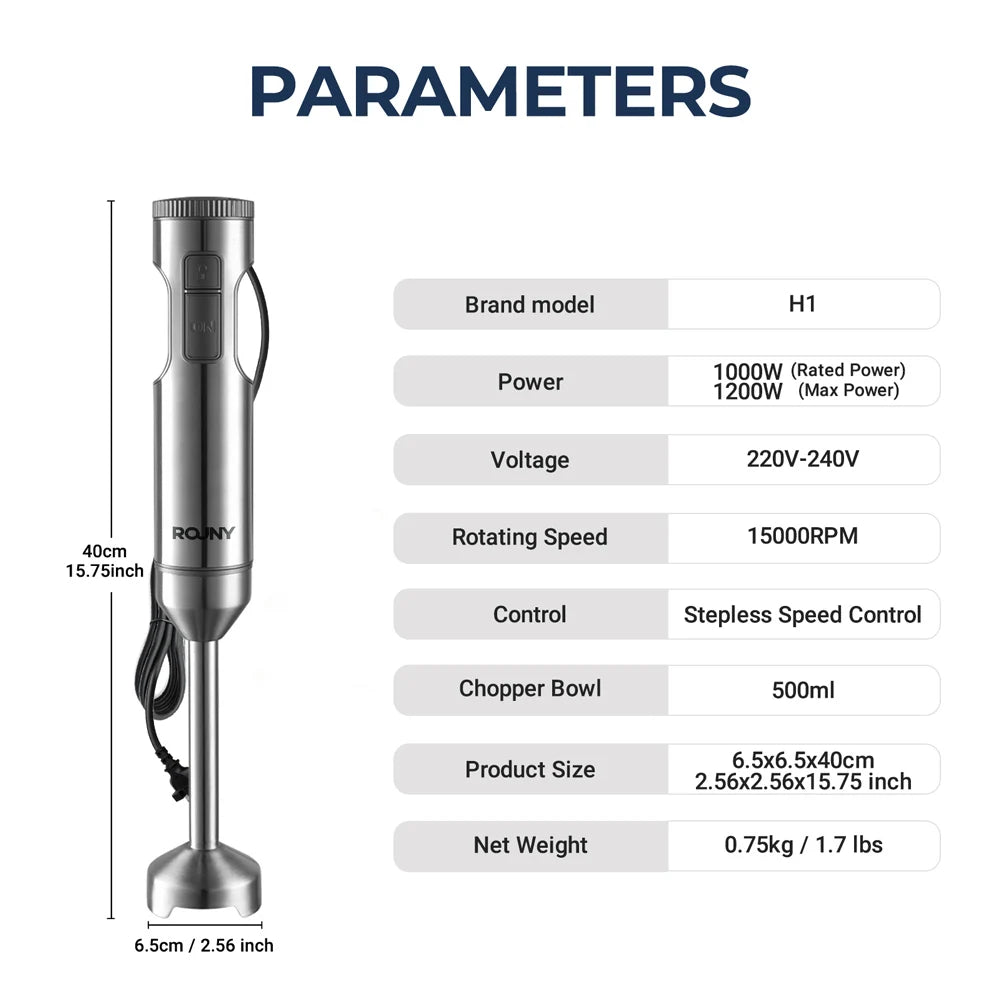 Hand Immersion Blender 1000W Powerful 4-in-1,Stainless Steel Stick Food Mixer,700ml Mixing Beaker,500ml Processor,Whisk