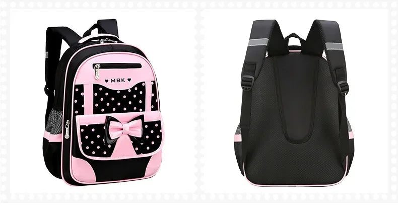 Lightweight School Backpack for Girls Kids Ages 6-12, Cute Polka Dot Bow Elementary Bookbag with Ergonomic Padded Straps
