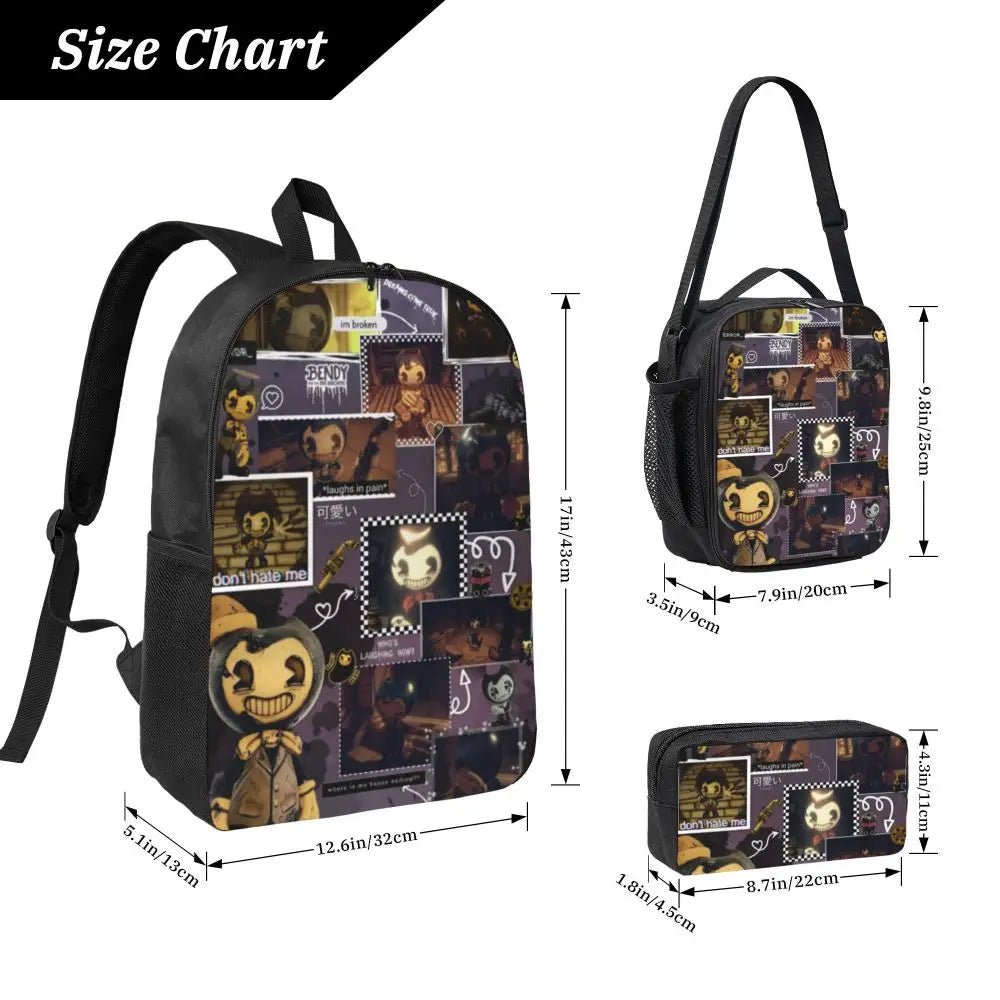 3Pcs Bendys And The Dark School bags Set for Boy Girl Pen Bags Backpack Sets with Lunch Box For School Students Knapsack
