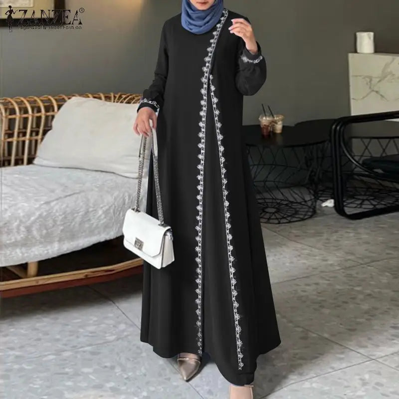 Autumn Lace Crochet Maxi Dress ZANZEA Muslim Turkey Abaya Elegant Loose Vestidos Women Long Sleeve O Neck IsIamic Robe Kaftan