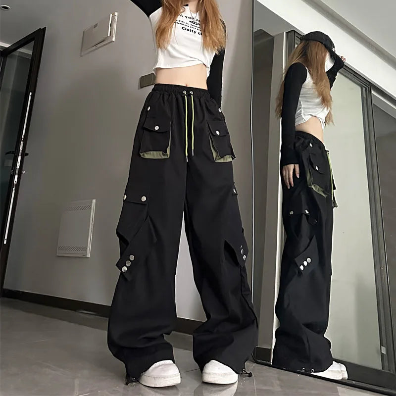 American High Street Workwear Casual Pants Women Loose Color Block Straight Leg Long Pants Pocket High Waist Wide Leg Trousers