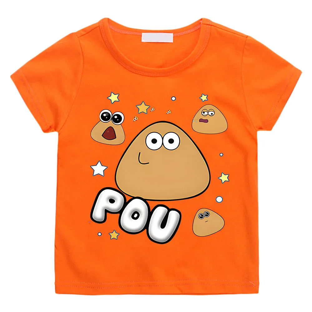POU Kawaii Print Anime T-shirts Kids Cartoon Manga Tshirt Kawaii Comic Cotton Short Sleeve Boys/Girls T Shirt Teens Streetwear