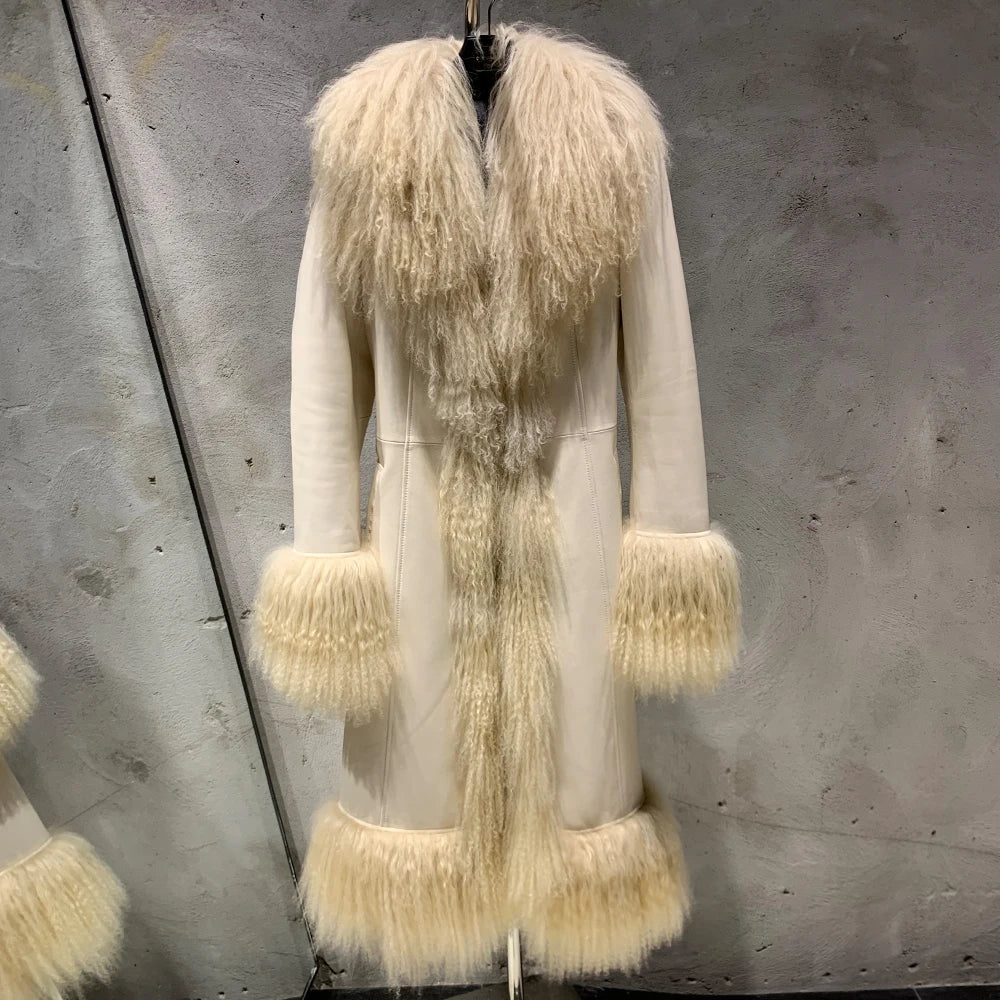 Suede Coat Fur Collar Women Autumn Genuine Sheepskin Coat Long with Mongfolian Fur Trim