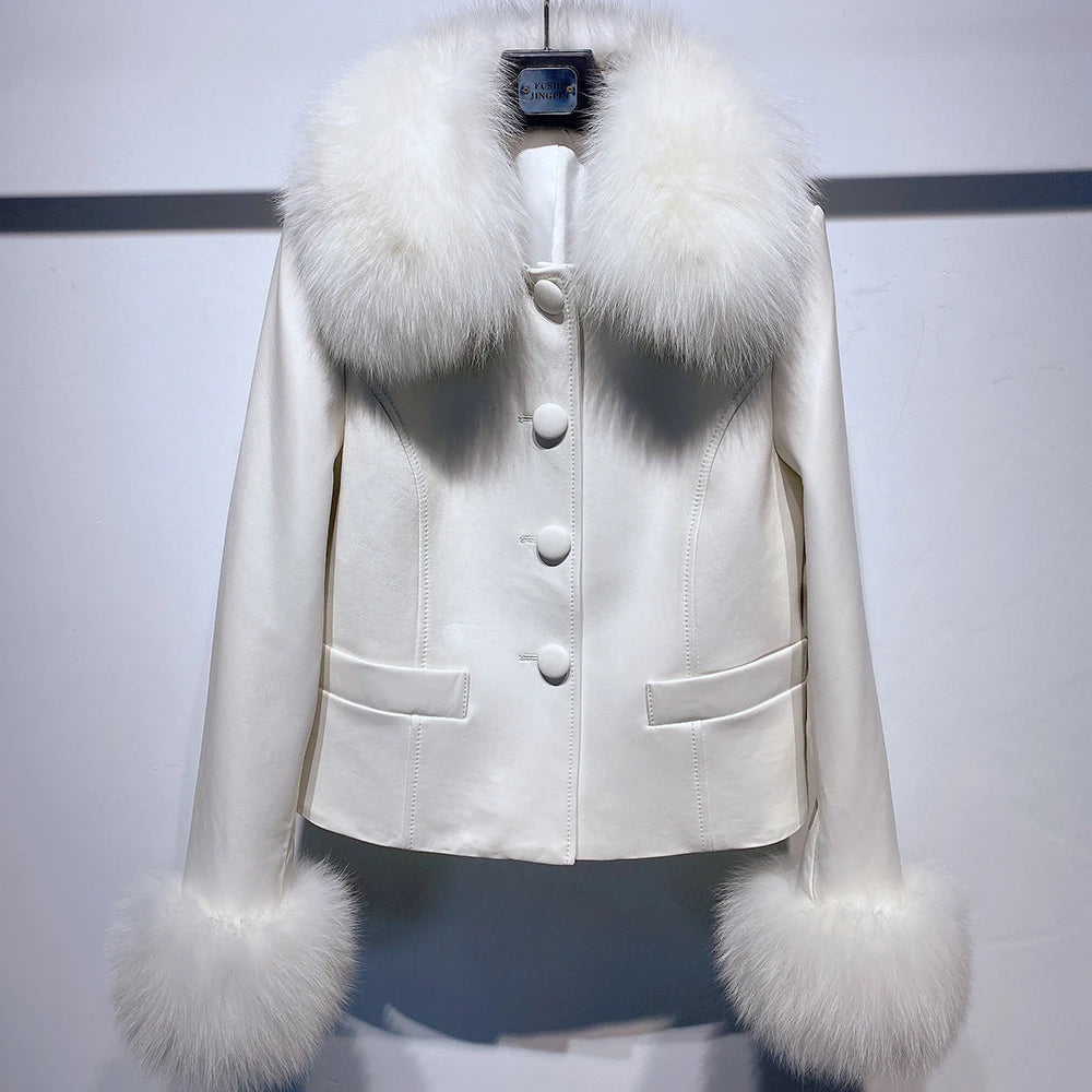 YOLOAgain Women's Mongolia Sheep Fur Collar Real Leather Jacket Single Breasted