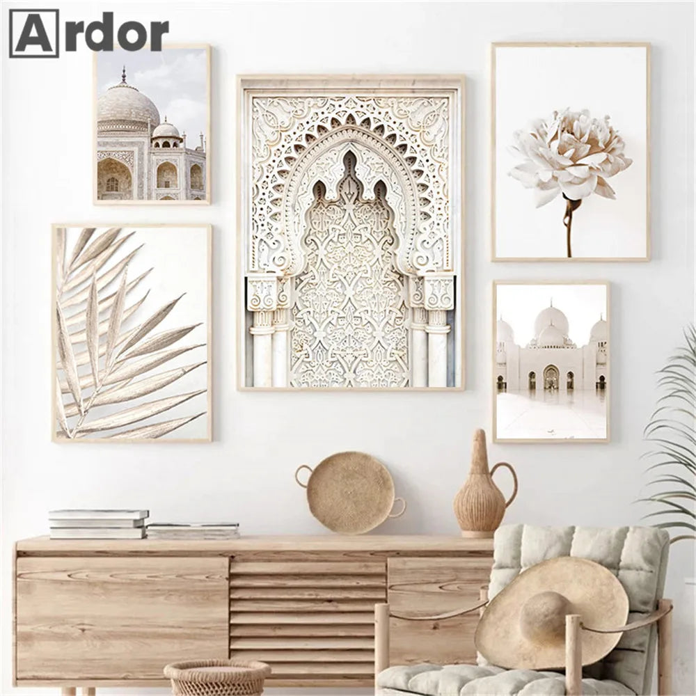 Islamic Wall Art Print Morocco Door Canvas Poster Pampas Grass Beige Flower Art Painting Mosque Posters Wall Pictures Home Decor