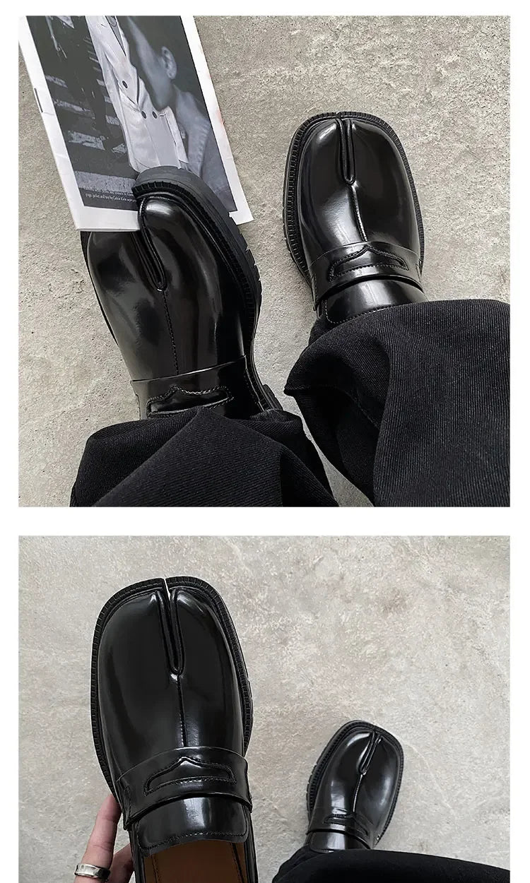 Maganda Split toe horseshoe shoes for men's thick sole Lefu shoes Tabi shoes patent leather shoes Korean version trend casual