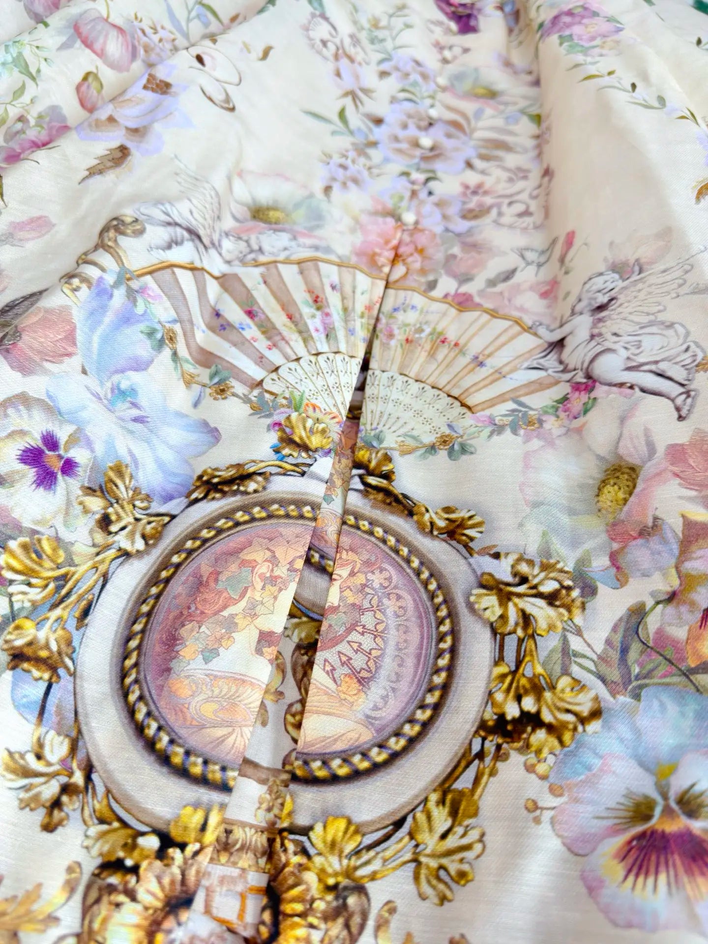 Women Silk Flower Printed Long Dress Heavy Beaded V-Neck Lantern Sleeve Loose Female dress