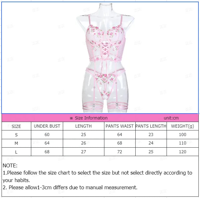 Lingerie Embroidery Printing Bra Garters Set For Women Mesh See- Through Hollow Out Exotic Sexy Underwear Suit