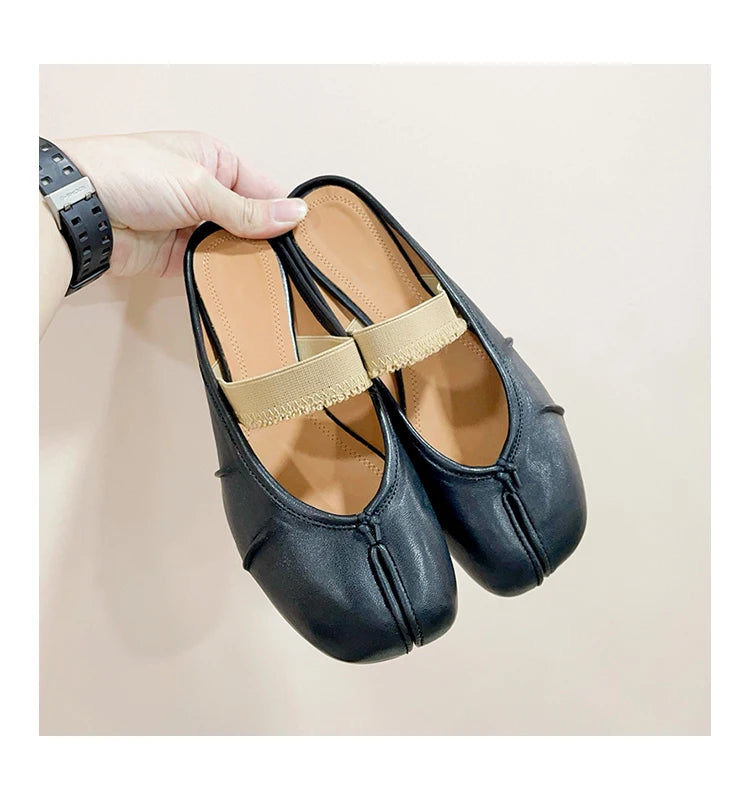 Womens Genuine Leather Ballet Flats Black Sheepskin Pleated Tibi SplitToe Shoes Fashion Mules Designer Footwear