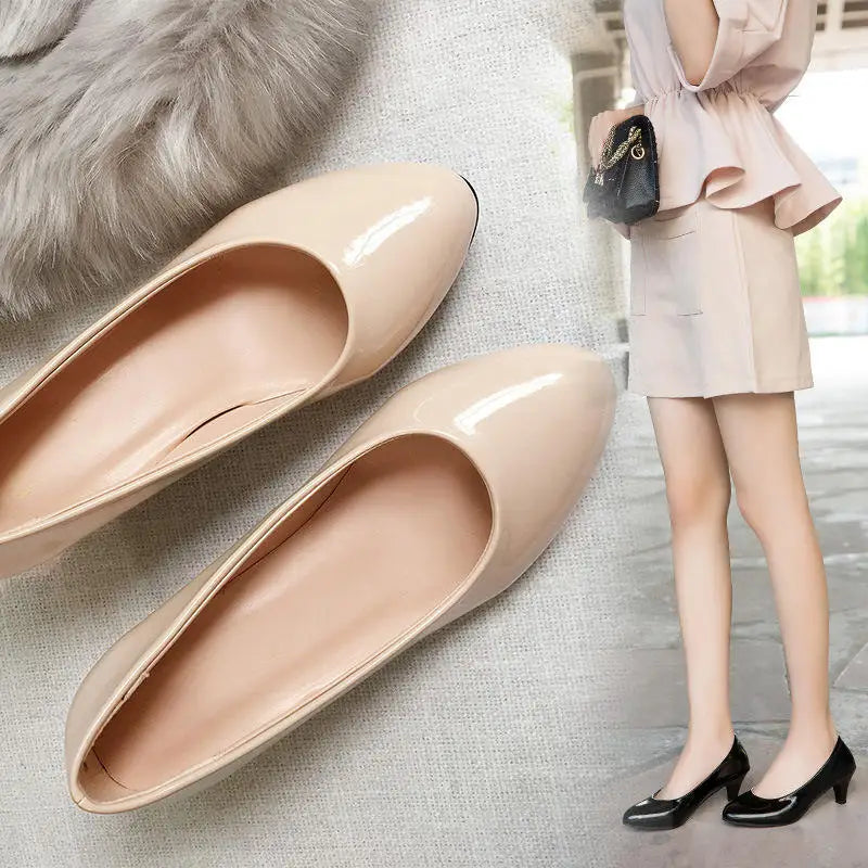 Women's Low Heeled Shoes with Pointed Toes and Shallow Mouth Seasonal Single Shoes Fashionable Thick Heeled Ladies Work Shoes
