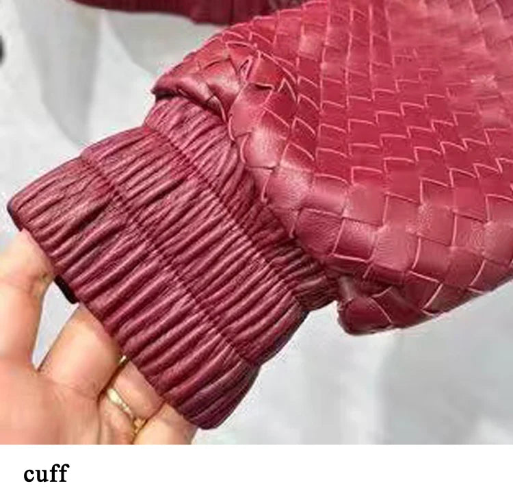 High-fashion Women Clothing 2025 New In Hand Knitting 100 % Leather Jacket Feminina Streetwear Burgundy Dropped Shoulder Coat