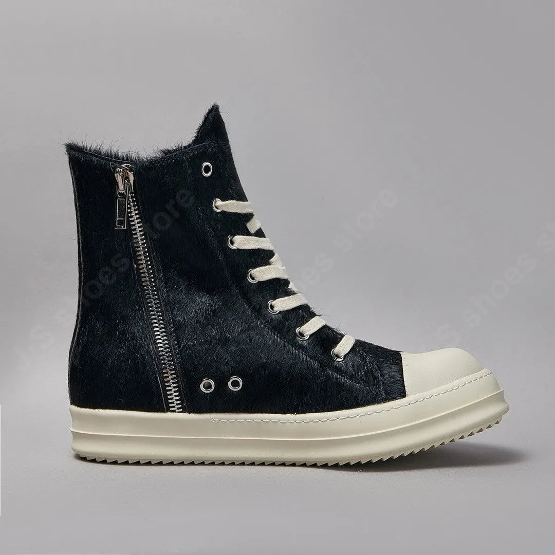 R-o Classic Men Shoe Black Horse Hair Boots Women Shoes High Top Sneaker Black Horsehair Ankle Boot Zipper Outside Sneakers