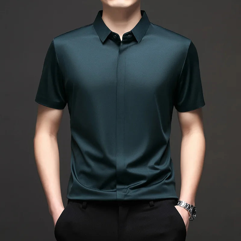 Silk Men Short Sleeve Shirt Business Casual Stretch Pure Color Commercial Affairs Casual Top