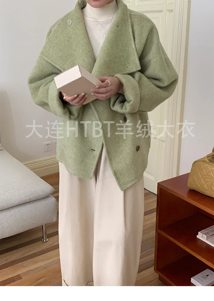 New Winter Short Woolen Coat Fashion Causal Warm Mulberry Silk Lapel Double-sided Wool Coat Loose Suit Jacket Female Tide Autumn