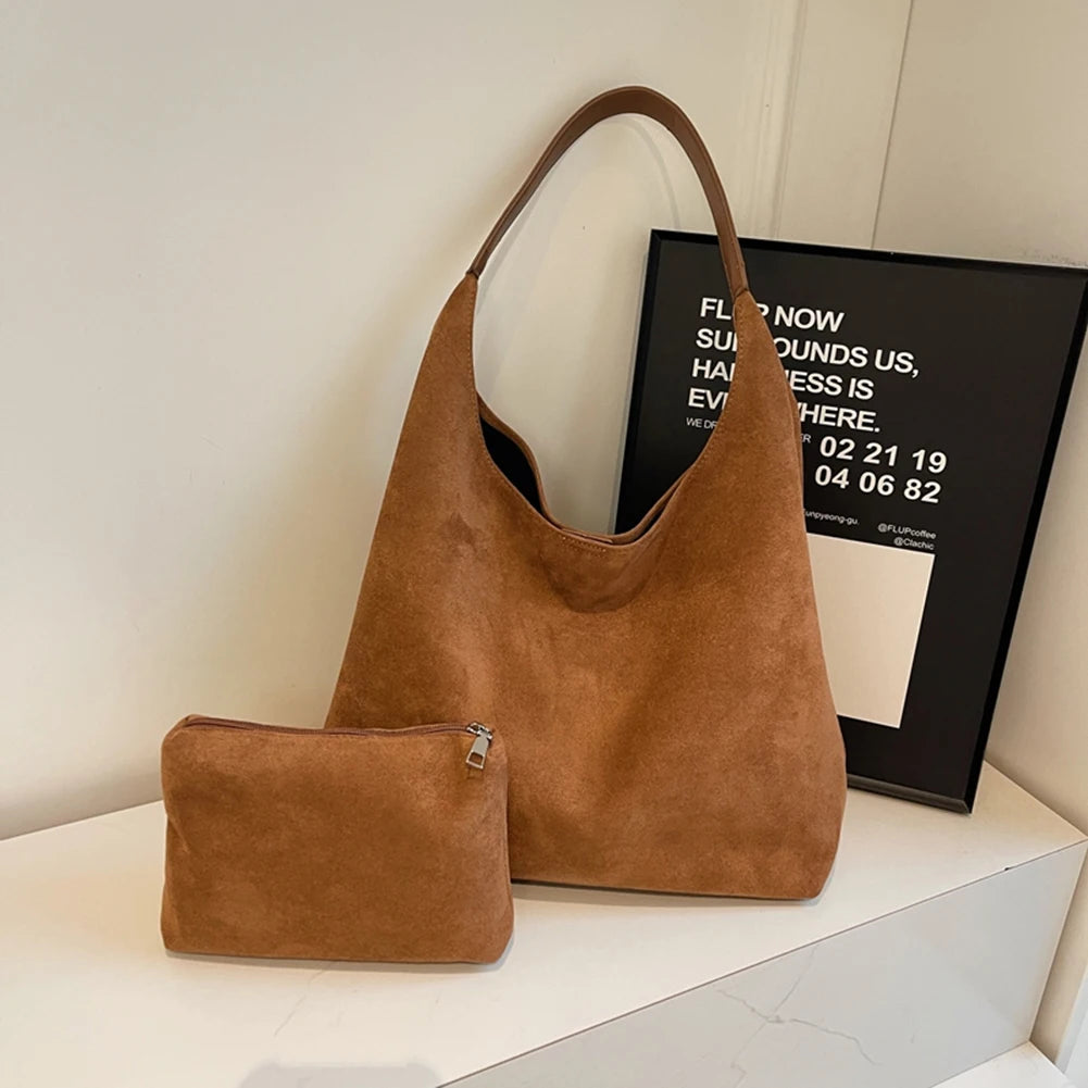 Women Suede Shoulder Bag Large Capacity Tote Bag Trendy Retro Handbag with Pocket for Work Travel Shopping