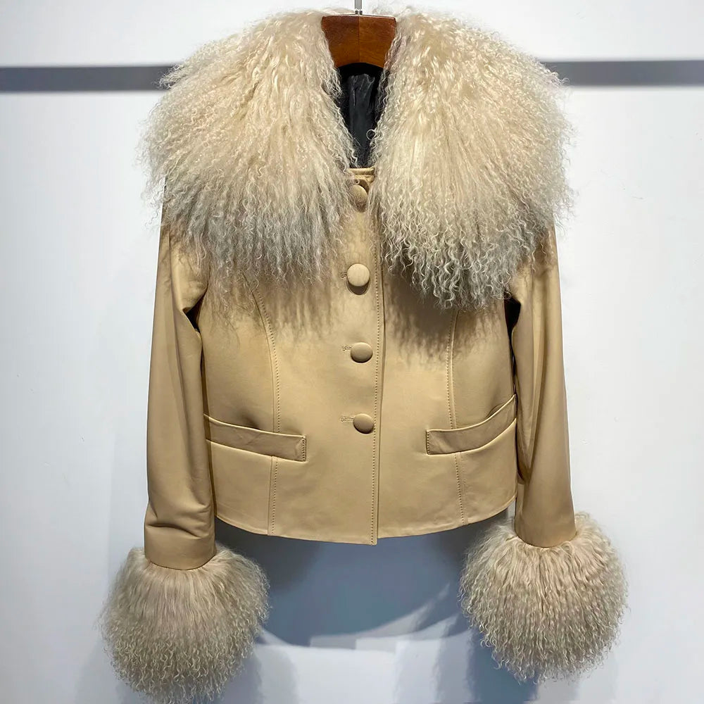 YOLOAgain Women's Mongolia Sheep Fur Collar Real Leather Jacket Single Breasted