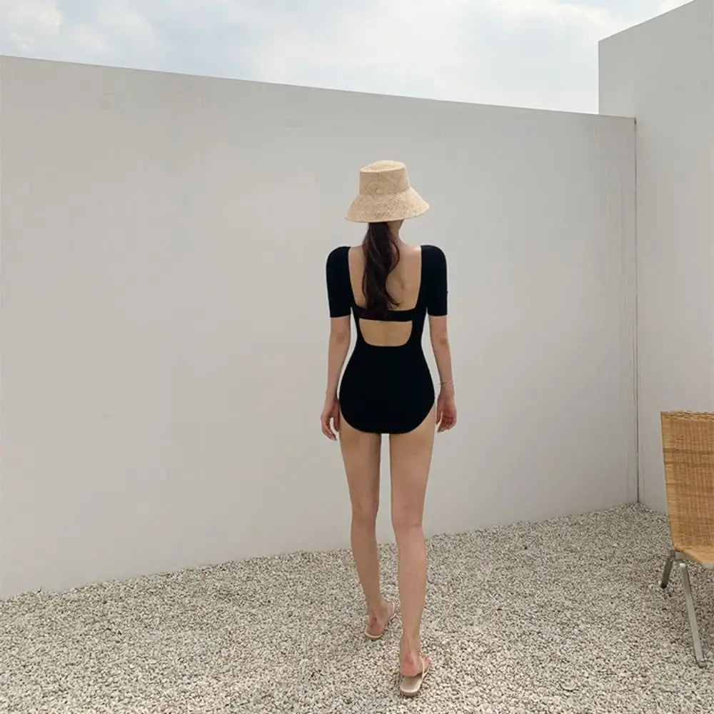 Ladies Bathing Suit Solid Color Hollow Out Swimsuit Slim Design High Waist Backless Swimsuit Mesh Cut Short Sleeve Swimwear Bath