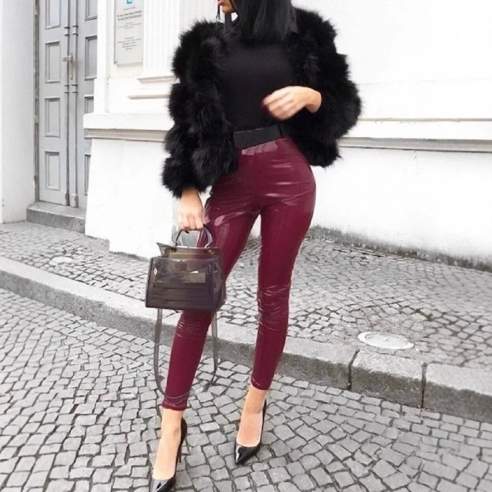 Pants women 2026 casual Spring summer patent leather mid-waist thin tight pink stylish commuting trousers PU leather tight pants