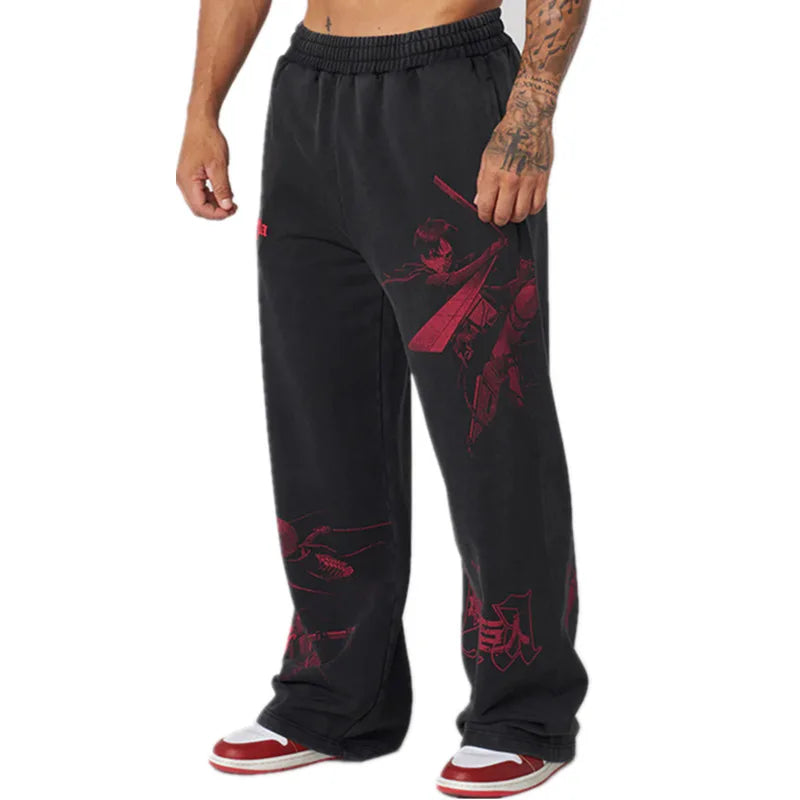 new 2026 American sports pants gym fitness running training pants cotton wool print wide leg pants