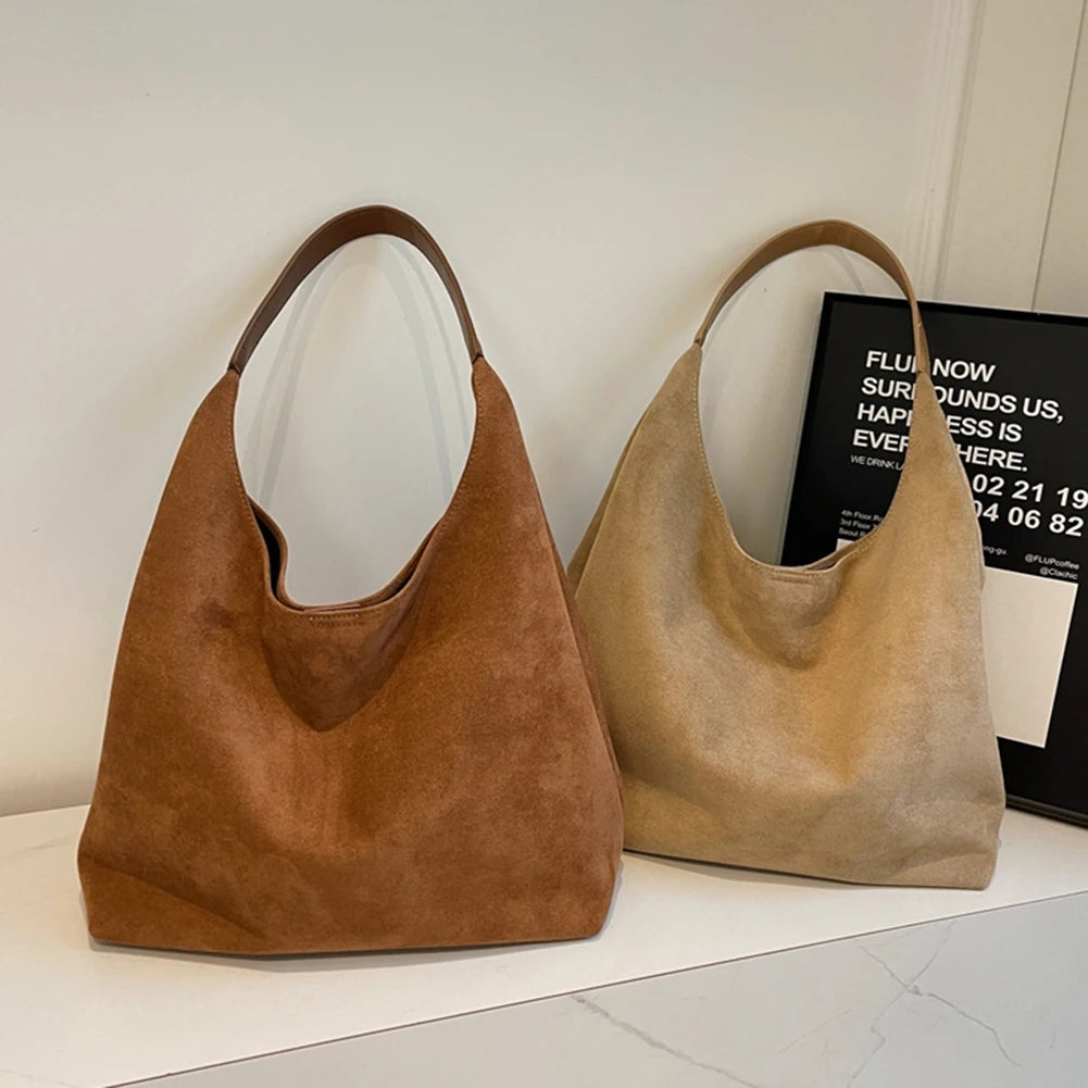 Women Suede Shoulder Bag Large Capacity Tote Bag Trendy Retro Handbag with Pocket for Work Travel Shopping