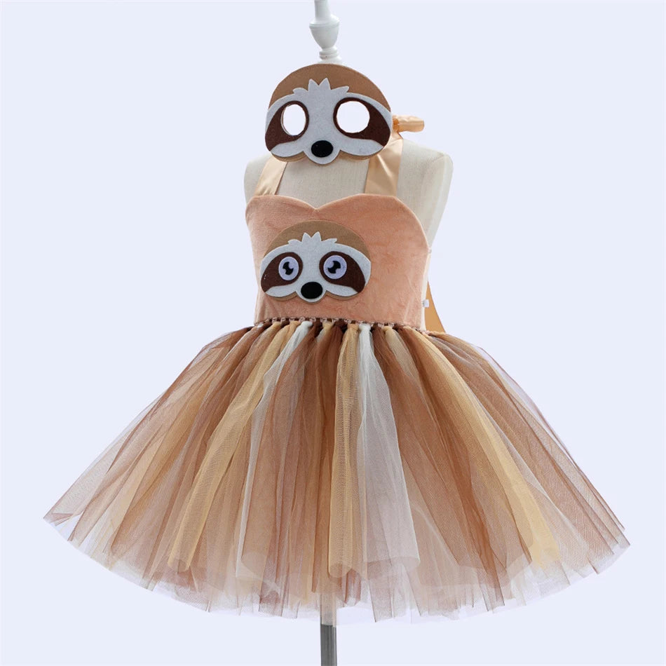 Girl Cartoon Raccoon Sloth Koala Piggy Rabbit Tutu Sling Dress Children Cosplay Festival Performance Dance Costume Headband Sets