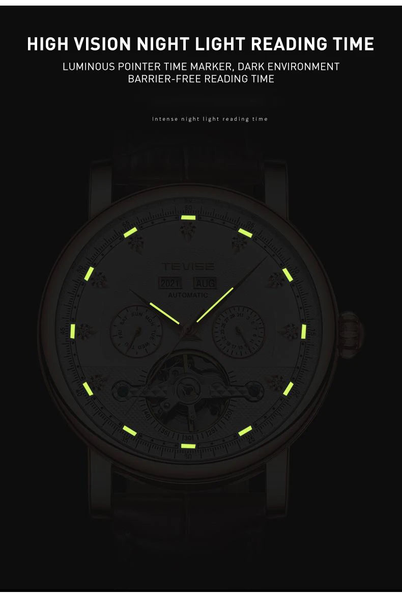 TEVISE Watch for Men Automatic Mechanical Movement with Calendar Luminous Fashion Casual Business Wristwatch