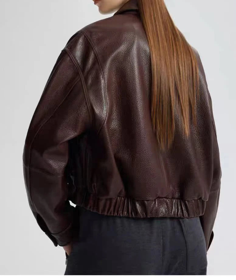 Retro Leather Bomber Jackets for Women Genuine Foam Leather Bubble Texture Short Coat Female Square-Cut Lapel Slim Fit Chaquetas