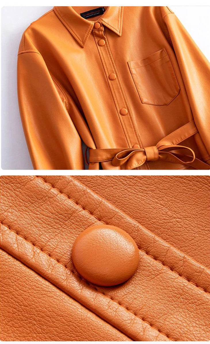 Women's Sheepskin Coat 2024 Autumn New Real Split Sheep Leather Ladies Mid-length Single-Breasted Belt Casual Jacket Outwear