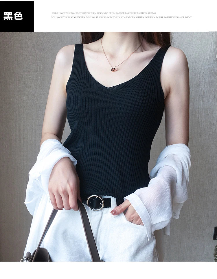 Summer Casual Tank Top Women Sleeveless Knitted T-Shirts Female Elastic Slim Vests Crop Tops Tanks & Camis Pullover Shirts